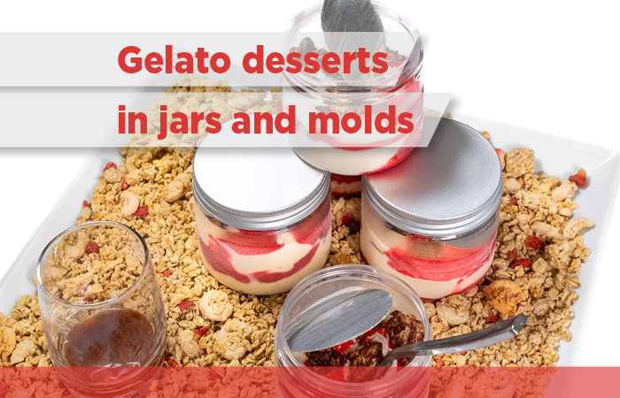 Gelato desserts in jars and molds